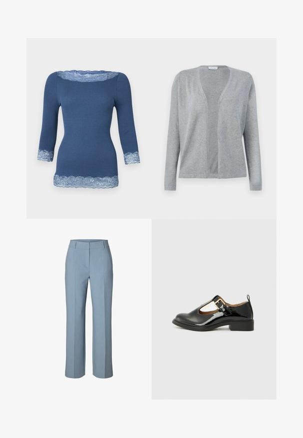 Cárdigan de punto de color gris claro, manga larga y abertura frontal, con un diseño sencillo y sin costuras y una textura de tela suave.; Top de punto acanalado azul con mangas de tres cuartos, que presenta un borde de encaje azul claro en el escote, los puños y el dobladillo.; Pantalones azul claro de pierna recta con cintura y trabillas para cinturón, detalle de pliegue delantero y un diseño limpio y entallado.; Zapato Mary Jane de charol negro con punta redondeada, correa al tobillo, detalle de hebilla dorada y un tacón bajo tipo bloque. Textura suave.