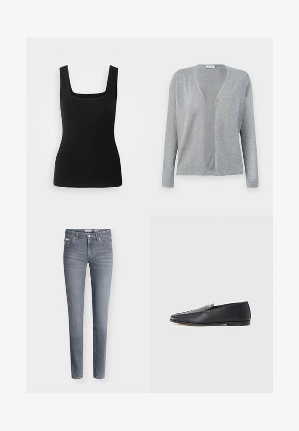 Cardigan gris clair à manches longues, à ouverture frontale, au design simple et sans coutures, avec une texture de tissu douce.; Débardeur sans manches noir avec un décolleté carré, fabriqué en tissu lisse ; design ajusté sans motifs ni accents en métal.; Jean slim en denim gris moyen. Comprend un design classique à cinq poches, une fermeture à boutons et un léger délavage pour un aspect usé.; Mocassins en cuir noir à texture lisse, bout arrondi et détails de couture subtils. Ils présentent un accent logo doré sur le côté supérieur.