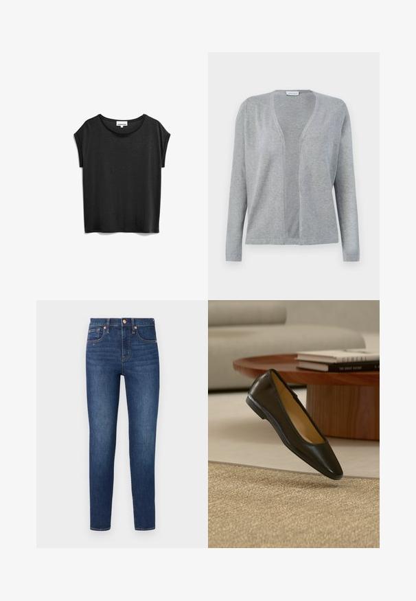 Hellgrauer Cardigan mit langen Ärmeln und offenem Vorderteil, schlichtem, nahtlosem Design und weicher Stoffstruktur.; Schwarzes T-Shirt mit kurzen Ärmeln aus weichem Material, mit rundem Ausschnitt und einem lässigen Schnitt mit umgeschlagenen Ärmeln.; GAP SKINNY HAVEL - Jeans Skinny Fit - dark wash; Schwarzer flacher Lederschuh mit abgerundeter quadratischer Spitze auf einem beige gewebten Teppich, mit einem Holzcouchtisch und gestapelten Büchern im Hintergrund.