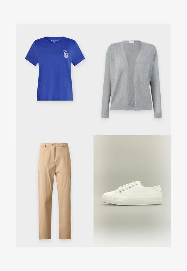 Cardigan gris clair à manches longues, à ouverture frontale, au design simple et sans coutures, avec une texture de tissu douce.; T-shirt bleu à manches courtes et col rond, avec un petit motif de cocktail et le texte "Bella Italia" sur la poitrine gauche.; Chinos beiges à texture lisse, coupe droite, taille avec fermeture à bouton et poches avant. Design minimaliste, sans motifs visibles.; Baskets basses blanches avec lacets blancs et semelle en caoutchouc, vues de côté sur un fond neutre.