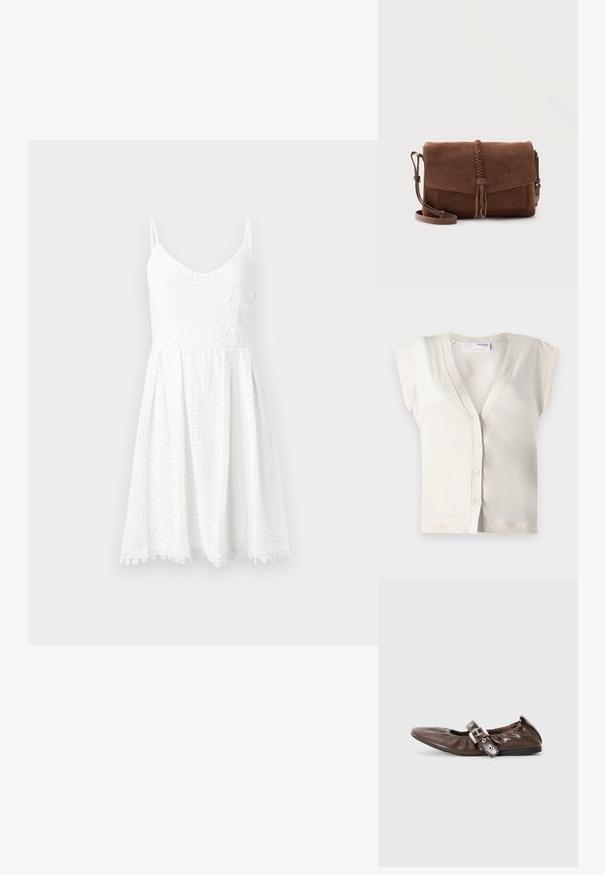 Selected SLFIRA CARDIGAN - Gilet - birch; Robe en dentelle blanche avec un corsage ajusté et une jupe évasée. Présente des bretelles fines, un décolleté en V et des motifs floraux délicats.; Chaussure plate en cuir verni marron avec un bout pointu, un détail de nœud élastiqué et une accent en boucle en argent sur le côté. Semelle en caoutchouc noir.; Sac bandoulière en daim marron avec détail pompon tressé sur le rabat avant et bandoulière réglable.