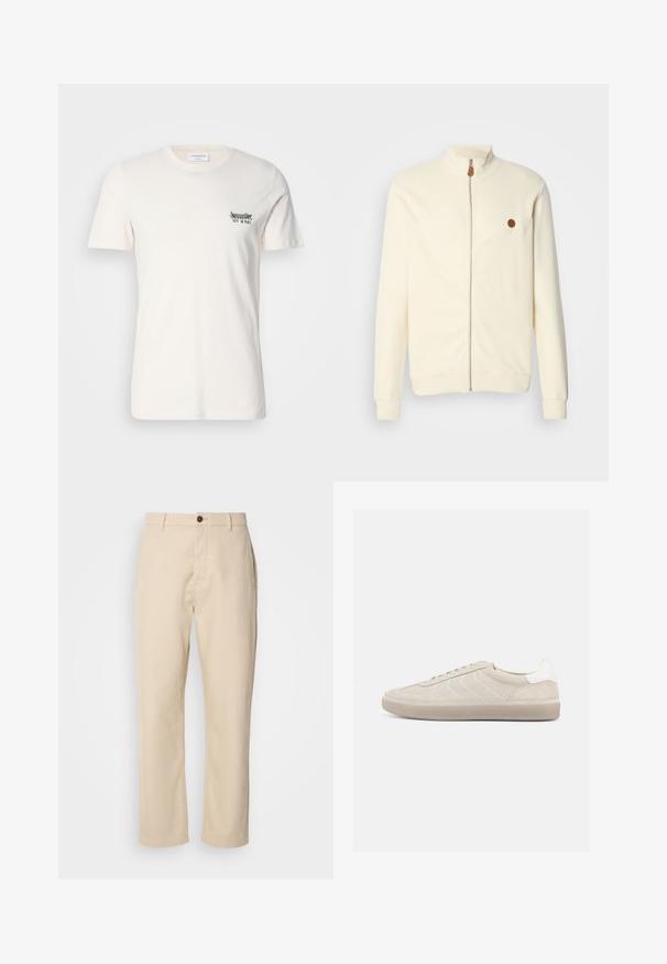 Creme zip-up jakke med høj krave, ribbet tekstur og et lille brunt logo-lap på venstre bryst. Funktionen omfatter lange ærmer og elastiske manchetter.; Bomulds T-shirt i off-white, med rund halsudskæring, korte ærmer og et lille sort og grønt grafik på venstre bryst.; Beige bomuldsbukser med lige ben, en frontknaplukning, sidelommer og en glat tekstur. Minimalistisk design, ingen synlige mønstre.; Beige ruskindssneaker med en tekstureret overdel, glat hvid hælkappe, tynde snørebånd og en gummi-ydersål. Har et lavt profil design.