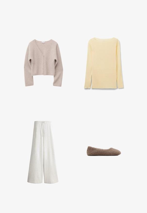 Beige cropped cardigan med lange ærmer, V-hals og fem forreste knapper lavet af blødt strikstof.; Langærmet, cremefarvet, tætsiddende skjorte med bred, rund halsudskæring, lagt fladt på en hvid baggrund.; Lysegrå bukser med vide ben, elastisk talje og snor, lavet af blødt stof, der egner sig til afslappet brug.; Brun, fleece-fodret ballet flats med rund tå. Blød tekstur og sømløst design, der har en lav profil. Ingen synlige detaljer.