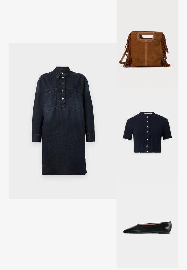 Marineblauwe kortemouwen geribbelde gebreide cardigan met ronde halslijn en gouden knopen aan de voorkant.; CLOSED DRESS - Spijkerjurk - dark blue; Zwarte leren damesschoen met platte zool, puntige neus en lage hak, zijwaarts afgebeeld tegen een effen lichtgrijze achtergrond.; Bruine suède handtas met franjes, rechthoekige vorm, korte handgreep en een lange schouderriem. Heeft contrasterende stikdetails.