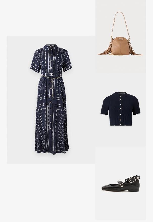 Gilet en maille côtelée bleu marine à manches courtes avec encolure ronde et boutons dorés sur le devant.; Robe longue bleu marine à manches courtes, motifs cachemire et points blancs, boutons à l'avant, col, et une fine ceinture chaîne dorée à la taille.; Ballerine en cuir verni noir avec un bout carré, sangle de cheville avec des détails en métal argenté et semelle plate. Texture lisse avec un design minimaliste.; Petit sac à bandoulière en cuir fauve avec longue bandoulière, détail chaîne dorée et franges des deux côtés sur un fond neutre.