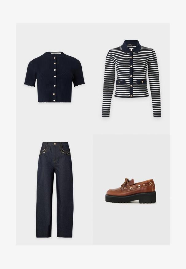 Gilet en maille côtelée bleu marine à manches courtes avec encolure ronde et boutons dorés sur le devant.; Cardigan en tricot à manches longues rayé bleu marine et blanc, avec des boutons dorés, un col bleu marine et deux poches avant ornées de boutons.; Jean droit bleu foncé taille haute, coutures dorées, fermeture par boutons et détails décoratifs avec anneaux dorés sur les poches avant.; Chaussure en cuir brun avec un bout arrondi, des coutures décoratives, des éléments en métal et une semelle noire épaisse avec une texture anti-dérapante.