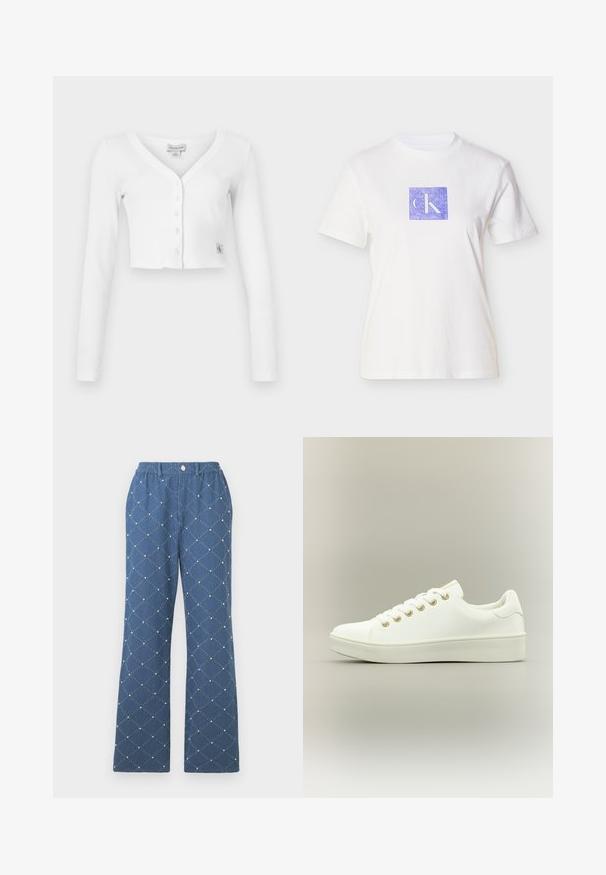 Witte korte cardigan met een V-hals, lange mouwen en zes knopen aan de voorkant. Bevat een klein merklabel aan de onderkant links.; Wit katoenen T-shirt met een paars vierkant ontwerp met daarin de letters "CK" in een lichte tint. Korte mouwen en een ronde hals.; Blauwe broek met een patroon in een diamanten quiltontwerp, voorzien van kleine decoratieve kralen, een elastische tailleband en een knoopsluiting.; Witte sneaker gemaakt van synthetisch materiaal, met een platte zool, ronde neus, gouden veterogen en een minimalistisch ontwerp.