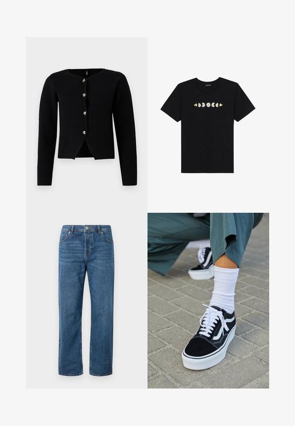 Schwarze Langarm-Cardigan mit fünf silbernen, gedrehten Metallknöpfen und einem leichten Schlitz an der Vorderseite des Saums.; Schwarzes Baumwoll-T-Shirt mit einer horizontalen Reihe von weißen Gänseblümchen mit gelben Blütenständen, die quer über die Brust gedruckt sind. Klassisches Rundhalsausschnitt-Design.; Blaue Jeans aus Denim mit geradem Bein und hoher Taille. Zu den Merkmalen gehören Fronttaschen, ein Knopfverschluss und dezente Nähte.; Schwarze Wildledersneaker mit weißen Akzenten und Schnürsenkeln, ausgestattet mit einer dicken weißen Sohle und kontrastierenden Nähten, kombiniert mit einer weißen Socke.