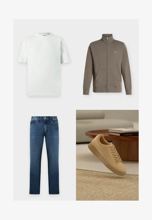 Sweat-shirt marron zippé avec col montant, deux poches avant, poignets côtelés et petit logo brodé sur la poitrine gauche.; T-shirt en coton vert clair avec coupe décontractée, manches courtes et col rond côtelé. Sans motifs ni accents supplémentaires.; Jean en denim bleu foncé à coupe droite avec fermeture à bouton et fermeture éclair à l'avant, poches avant et arrière, présenté sur fond blanc.; Baskets beiges à lacets flottant au-dessus d'un tapis texturé avec une table basse en bois et des livres empilés en arrière-plan flou.