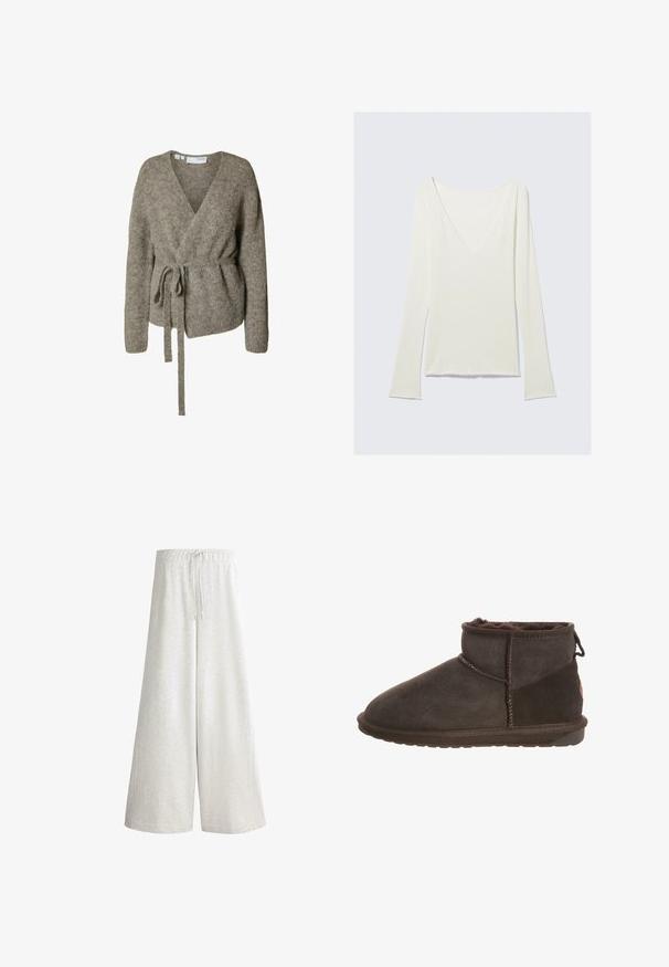 Zachte bruine gebreide wikkelsweater met lange mouwen en een riem gestrikt in de taille, getoond op een witte achtergrond.; Wit nauwsluitend topje met lange mouwen, diepe V-hals en licht uitlopende mouwen, weergegeven op een effen lichtgrijze achtergrond.; Lichtgrijze broek met wijde pijpen, elastische tailleband en trekkoord, gemaakt van zacht stof geschikt voor casual draagcomfort.; Zwarte suède enkellaarsjes met een zacht interieur, ronde neus, platte loopzool en decoratieve stiksels langs de zijkant en achterkant.