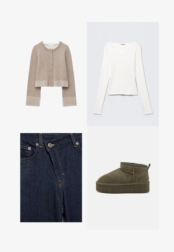 Beige strikket cardigan med rund halsudskæring, knaplukning foran og ribbet manchetter. Blød tekstur med cropped design og lysegrå accenter.; Hvid langærmet V-hals skjorte lavet af blød bomuld. Har et tætsiddende design med diskrete sidesømme og et rent, minimalistisk udseende.; Nærbillede af mørkeblå denimjeans foran med metalknap, lynlås, forlommer og orange syningsdetaljer.; Olivengrøn ruskind ankelstøvler med rund tå, syninger og en tykkere sål med struktureret mønster. Lille trækflap bagpå.