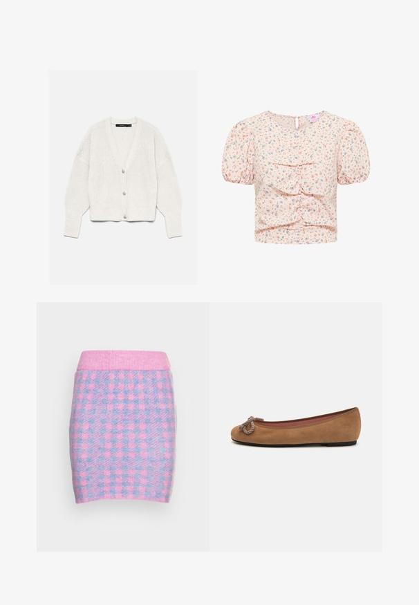 Cardigan blanco de punto con mangas largas y tres botones en la parte delantera, exhibido sobre un fondo claro y liso.; Blusa de estampado floral en suave tela rosa, con mangas cortas abullonadas, escote redondo y detalles fruncidos en el frente.; VILA VICHEKINA SHORT SKIRT - Minifalda - kentucky bluechecks; Bailarinas de ante marrón con punta redonda, que presentan un nudo decorativo de cuerda en la parte delantera y una suela plana.