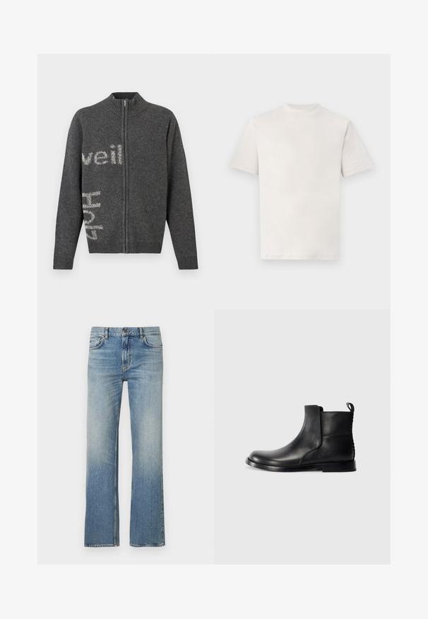Cardigan à fermeture éclair gris foncé avec un col montant. Présente un tricot légèrement texturé et un lettrage blanc sur le devant et le côté.; T-shirt blanc uni à manches courtes et col rond, présenté à plat sur un fond blanc.; Jean en denim bleu clair avec une coupe droite, présentant une finition délavée, un design classique à cinq poches et des coutures contrastées.; Botte de cheville en cuir noir avec bout rond, panneaux latéraux élastiques et dos texturé. Elle dispose d'une semelle en caoutchouc plate et d'une languette de traction.
