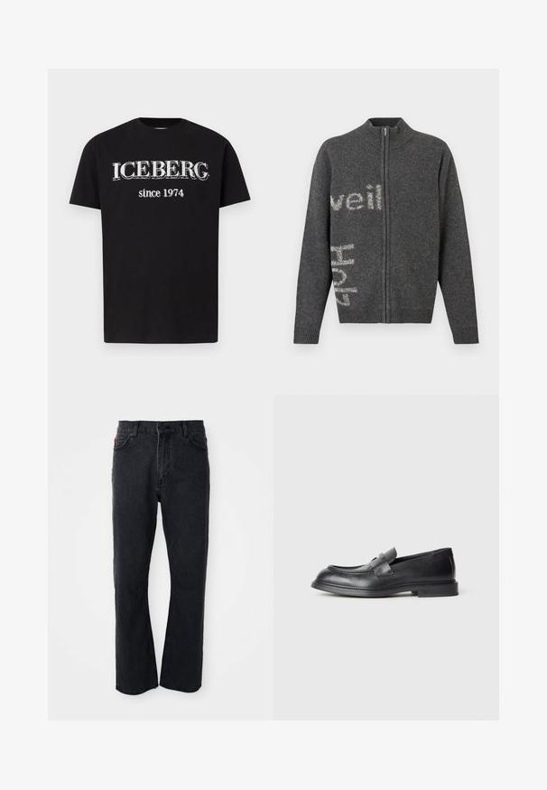 Cardigan à fermeture éclair gris foncé avec un col montant. Présente un tricot légèrement texturé et un lettrage blanc sur le devant et le côté.; T-shirt noir à manches courtes avec le texte blanc "ICEBERG" et "depuis 1974" imprimé au centre devant.; Jean en denim noir avec une coupe droite, taille haute, fermeture par bouton, et des détails de couture subtils le long des poches et des coutures.; Mocassins en cuir noir avec une finition texturée, dotés d'une bride décorative à l'avant et d'un bout arrondi. Semelle en caoutchouc pour plus de durabilité.