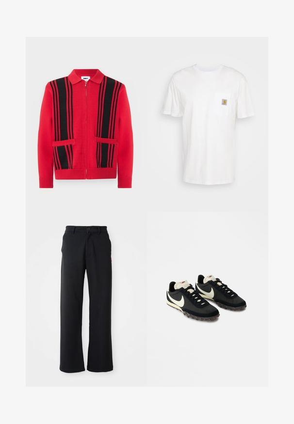 Roter Strickpullover mit Reißverschluss, schwarzen vertikalen Streifen und zwei Fronttaschen, mit umgelegtem Kragen sowie Bündchen und Saum mit Rippenmuster.; Weißes Baumwoll-T-Shirt mit kurzen Ärmeln, einer Brusttasche und einem kleinen quadratischen Logopatch in Orange und Weiß auf der Tasche.; Schwarze gerade geschnittene Hose mit Knopf- und Reißverschluss, Gürtelschlaufen und seitlichen Taschen, vor einem weißen Hintergrund präsentiert.; Schwarze Sportschuhe mit einer strukturierten Oberseite, weißem Swoosh-Logo und einer Gummisohle, die mit kleinen Noppen für besseren Halt ausgestattet ist. Beigefarbener Kragen.