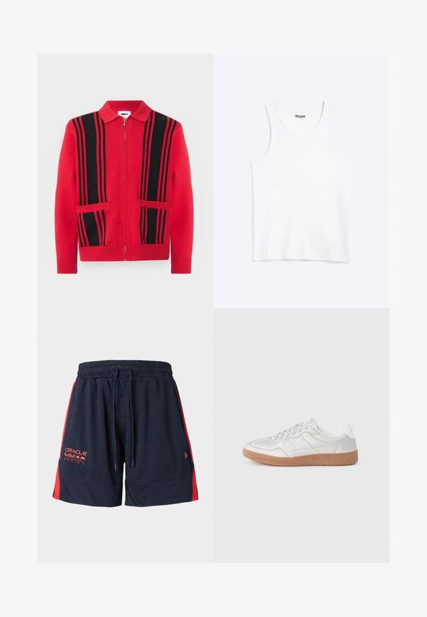 Roter Strickpullover mit Reißverschluss, schwarzen vertikalen Streifen und zwei Fronttaschen, mit umgelegtem Kragen sowie Bündchen und Saum mit Rippenmuster.; Weißes ärmelloses Tanktop mit rundem Ausschnitt und Weekday-Markenetikett auf der Innenseite des hinteren Kragens, flach auf hellem Hintergrund dargestellt.; Marineblaues Mesh-Shorts mit roten Seitenpanelen. Mit elastischem Bund und Kordelzug. Enthält gesticktes Logo am linken Oberschenkel.; Silberne Sneakers mit glatter Textur, Schnürdesign, durchbrochenen Akzenten und einer strukturierten braunen Gummisohle.