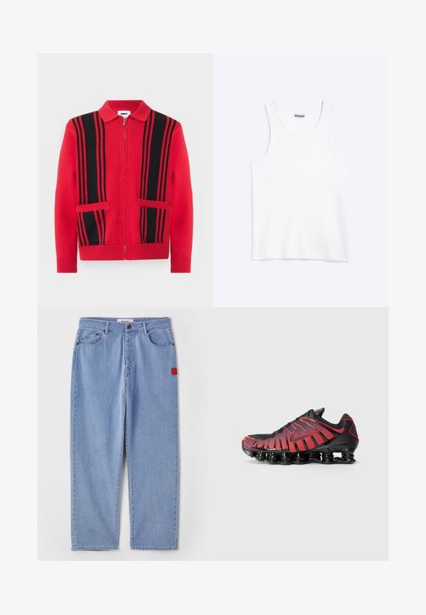 Suéter de punto rojo con cremallera, rayas verticales negras y dos bolsillos delanteros, con cuello vuelto y puños y bajo acanalados.; Camiseta sin mangas blanca con cuello redondo y etiqueta de la marca Weekday en el interior del cuello trasero, mostrada plana sobre un fondo claro.; Jeans de denim azul claro con un patrón sutil, pierna recta, cinco bolsillos y una etiqueta roja en el bolsillo izquierdo.; Zapatillas deportivas en negro y rojo con una parte superior de malla con rayas verticales y un cuello acolchado, sostenidas por una suela segmentada y distintiva.