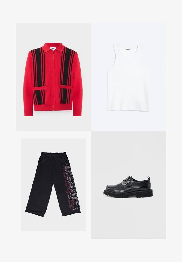 Rød strikket trøje med lynlås, sorte lodrette striber og to forlommer, med en krave, der kan foldes ned, samt ribstrikkede manchetter og kant.; Hvid ærmeløs tanktop med rund halsudskæring og Weekday-mærke på den indvendige baghals, vist fladt på lys baggrund.; Sorte bukser med vide ben lavet af blødt stof. Har et hvidt og rødt tribal-design ned langs venstre side, med elastisk talje og lommer.; Sort læderloafer med tyk sål og sølvspændebånd på siden mod hvid baggrund.