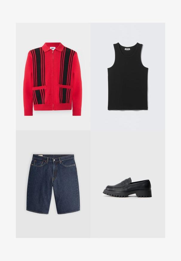 Rød strikket trøje med lynlås, sorte lodrette striber og to forlommer, med en krave, der kan foldes ned, samt ribstrikkede manchetter og kant.; Sort ærmeløs ribbet tanktop med rund halsudskæring og Weekday-mærke på inderkraven bagpå.; Mørkeblå denim shorts med et klassisk design, der har fem lommer, syninger, en knaplukning og buede baglommer.; Sorte læder loafers med en rund tå, prydet med en dekorativ rem og en kraftig gummisål med dybe riller for grip.