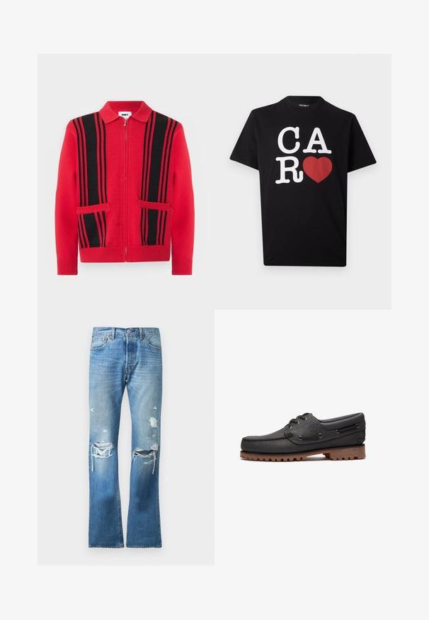 Pull en maille rouge à fermeture éclair avec des rayures verticales noires et deux poches avant, doté d'un col rabattu et de poignets et ourlet côtelés.; T-shirt noir à manches courtes avec les lettres blanches "C A R" et un cœur rouge remplaçant la lettre "T" au centre devant.; Jeans en denim bleu à jambe droite avec un délavage usé et plusieurs déchirures sur les deux genoux et les cuisses supérieures.; Chaussure bateau en cuir noir avec détails en lacets, bout rond, semelle en caoutchouc marron texturée et côtés en cuir cousus.