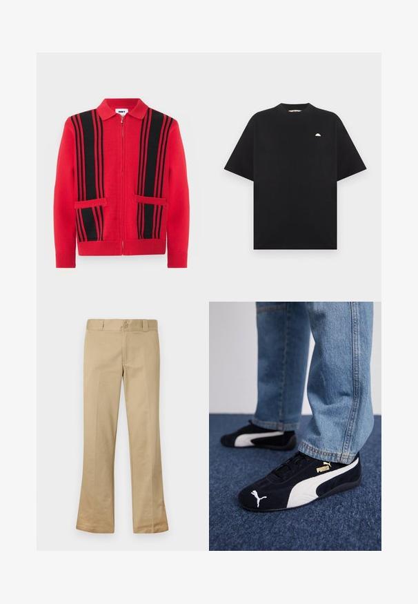 Roter Strickpullover mit Reißverschluss, schwarzen vertikalen Streifen und zwei Fronttaschen, mit umgelegtem Kragen sowie Bündchen und Saum mit Rippenmuster.; Schwarzes T-Shirt mit kurzen Ärmeln und einem kleinen weißen Halbkreis-Logo auf der linken Brust, flach auf einem hellgrauen Hintergrund liegend.; Beige Schlaghose aus einem Baumwollmix, mit Knopfverschluss, Gürtelschlaufen und flacher Vorderseite mit glatter Textur.; Schwarze Wildledersneaker mit weißen Akzenten und einem goldenen Logo. Getragen mit hellblauen Jeans und auf einer strukturierten blauen Oberfläche platziert.