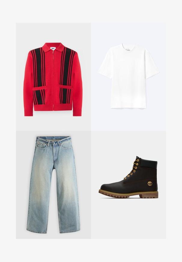 Pull en maille rouge à fermeture éclair avec des rayures verticales noires et deux poches avant, doté d'un col rabattu et de poignets et ourlet côtelés.; T-shirt blanc uni à manches courtes et col rond avec une coupe décontractée, présenté sur un fond clair.; Jean denim bleu clair à jambes larges avec une finition délavée. Comprend un design standard à cinq poches et une fermeture à bouton métallique.; Bottine noire en cuir avec œillets dorés, accents marron et semelle en caoutchouc. Comprend un col rembourré et un logo estampé sur le côté.