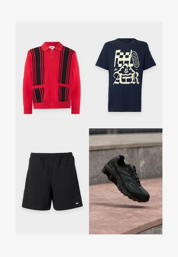 Pull en maille rouge à fermeture éclair avec des rayures verticales noires et deux poches avant, doté d'un col rabattu et de poignets et ourlet côtelés.; T-shirt en coton bleu marine avec un texte graphique crème audacieux : « Feel THE AIR », un dessin de nuage fantaisiste, et le logo Nike près de l'ourlet.; Shorts décontractés noirs avec taille élastique et poches latérales, arborant un petit logo blanc "OBEY" sur la jambe droite inférieure.; Baskets athlétiques noires avec une semelle intercalaire à coussin d’air visible flottant au-dessus d’une surface en pierre rose avec un mur en pierre gris en arrière-plan.