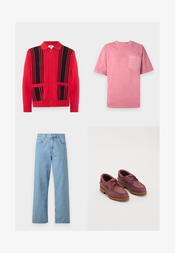 Pull en maille rouge à fermeture éclair avec des rayures verticales noires et deux poches avant, doté d'un col rabattu et de poignets et ourlet côtelés.; T-shirt en coton rose à manches courtes, col rond et poche poitrine gauche. Présente une texture délavée et une coupe décontractée.; Jeans en denim bleu clair avec une coupe droite, cinq poches, fermeture par bouton et fermeture éclair, et une finition légèrement délavée.; Une paire de chaussures bateau en cuir bordeaux avec des semelles en caoutchouc tan épaisses et des lacets rouges sur un fond blanc.