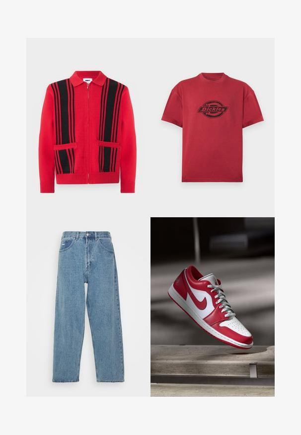 Suéter de punto rojo con cremallera, rayas verticales negras y dos bolsillos delanteros, con cuello vuelto y puños y bajo acanalados.; Camiseta roja de manga corta con cuello redondo y el logo "Dickies" en negro impreso en el centro del pecho.; Jeans de denim azul claro con cintura alta, corte relajado, que cuentan con dos bolsillos frontales, un bolsillo trasero con parche y cierre de botón.; Zapatilla Nike roja y blanca flotando sobre un banco de piedra en un entorno interior suavemente iluminado.