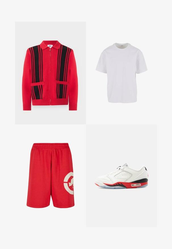 Pull en maille rouge à fermeture éclair avec des rayures verticales noires et deux poches avant, doté d'un col rabattu et de poignets et ourlet côtelés.; T-shirt blanc à manches courtes en coton doux, avec un col rond et une coupe décontractée à ourlet droit. Aucun motif ni accent visible.; Shorts rouges en coton avec une taille élastique, présentant un grand design graphique blanc sur la jambe gauche et une texture lisse.; Baskets basses blanches avec semelle intermédiaire rouge et noire, panneau latéral perforé, coussin d’air visible et semelle extérieure translucide sur fond clair.