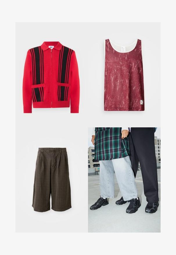 Suéter de punto rojo con cremallera, rayas verticales negras y dos bolsillos delanteros, con cuello vuelto y puños y bajo acanalados.; Camiseta sin mangas de malla roja con un patrón ligeramente desgastado y desvaído. Presenta un ribete blanco alrededor del escote y las sisas, y una pequeña etiqueta con el logo en la parte inferior.; Pantalones cortos a rayas marrones con un corte holgado. Hechos de una tela ligera, presentan pliegues y dobladillo enrollado para un detalle adicional.; Zapatillas deportivas negras con acentos de malla y goma. Combinadas con jeans de pierna ancha de color gris claro y una blusa de cuadros verdes. Fondo de superficie plana.
