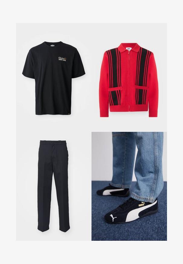 Rode gebreide trui met ritssluiting, zwarte verticale strepen en twee voorzakken, voorzien van een omgeslagen kraag en geribbelde manchetten en zoom.; Zwarte katoenen T-shirt met korte mouwen. Bevat een geborduurd logo "Dickies Donut House" op de linker borst. Klassiek crew neck ontwerp.; Zwarte op maat gemaakte broek met rechte pijpen, gemaakt van gladde stof, met een tailleband met lussen en zonder zichtbare patronen of hardware.; Zwarte suède sneakers met witte accenten, voorzien van een gouden logo. Gemaakt met lichtblauwe spijkerbroek en geplaatst op een textuur blauwe ondergrond.