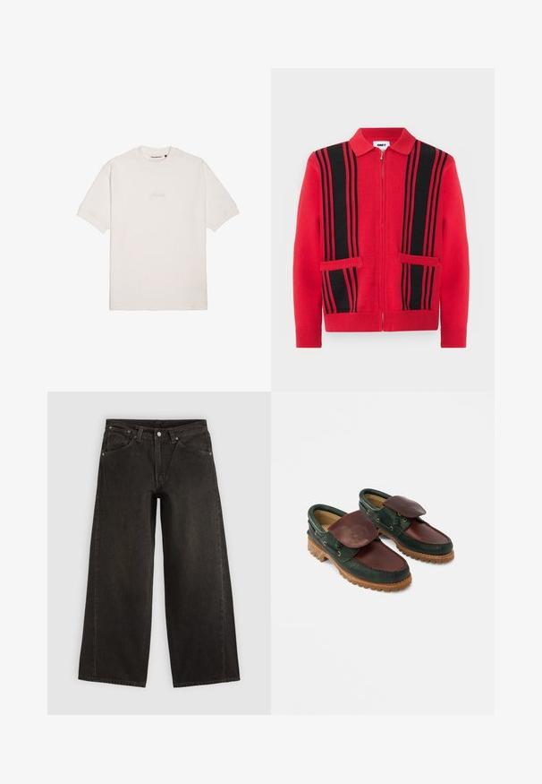 Pull en maille rouge à fermeture éclair avec des rayures verticales noires et deux poches avant, doté d'un col rabattu et de poignets et ourlet côtelés.; T-shirt blanc à manches courtes en coton doux, avec un logo de marque subtilement gaufré sur la poitrine et un col rond classique.; Jean noir à jambes larges avec poches avant, fermeture par boutons et passants de ceinture, présenté à plat sur un fond clair.; Chaussures en cuir avec un corps vert foncé, un dessus bordeaux, un bout rond, un rabat sécurisé et une semelle en caoutchouc texturée avec des rainures.