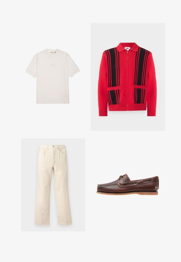 Pull en maille rouge à fermeture éclair avec des rayures verticales noires et deux poches avant, doté d'un col rabattu et de poignets et ourlet côtelés.; T-shirt blanc à manches courtes en coton doux, avec un logo de marque subtilement gaufré sur la poitrine et un col rond classique.; Pantalon beige à jambes droites avec poches avant, passants pour ceinture, fermeture par bouton et braguette zippée, présenté sur un fond uni.; Chaussure bateau en cuir marron avec coutures blanches, détails de lacets et semelle en caoutchouc beige, vue de côté sur fond blanc.