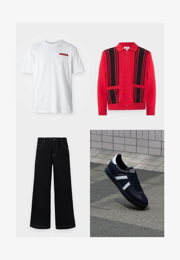 Rode gebreide trui met ritssluiting, zwarte verticale strepen en twee voorzakken, voorzien van een omgeslagen kraag en geribbelde manchetten en zoom.; Witte katoenen t-shirt met een ronde hals, korte mouwen en een klein rood grafisch detail op de linkerborst.; Zwarte wijde spijkerbroek met knoopsluiting, vijf zakken en contrasterende witte stiksels langs de naden.; Zwarte leren sneaker met witte strepen, een gestructureerde rubberen zool en vetersluiting aan de voorkant. Voorzien van een merklabel op de tong.