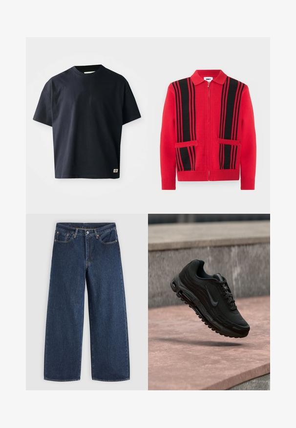 Rød strikket trøje med lynlås, sorte lodrette striber og to forlommer, med en krave, der kan foldes ned, samt ribstrikkede manchetter og kant.; Marineblå kortærmet T-shirt med rund hals og et lille rektangulært brandlogo nær den nederste søm på forsiden til højre.; Mørkeblå vidde jeans med forlommer, knaplukning og bæltestropper, lagt fladt på en lys baggrund.; Sort Nike Air Max træningssko svævende over en stenovertflade med en sløret stenvæg i baggrunden.