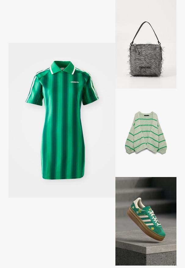 Cardigan tricoté vert clair avec manches larges et rayures horizontales vert vif, devant ouvert et poignets et ourlet côtelés.; Robe polo à rayures vertes en tissu lisse. Dotée d'un col, de manches courtes et du logo Adidas blanc. Rayures verticales de teintes variées.; Baskets en daim vert avec accents blancs, comportant des motifs floraux jaunes et blancs, et une semelle en caoutchouc beige. L'étiquette indique "Gazelle".; Sac en tricot noir et blanc en chevrons avec des bords frangés, doté d'une fine bandoulière et d'un logo sur le devant.