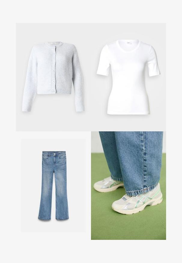 Lichtblauwe cardigan van zacht breiwerk, met lange mouwen, een ronde hals en zes knopen aan de voorkant.; Wit T-shirt met korte mouwen van glad katoen, met een ronde halslijn en een aangesloten pasvorm. Klassiek ontwerp, zonder patronen of accenten.; Lichtblauwe spijkerbroek met een hoge taille, dubbele knoopsluiting, voor- en achterzakken en licht uitlopende pijpen.; Witte en zilveren mesh sneakers met groene accenten, gedragen met losse blauwe jeans, staand op een groen tapijt.