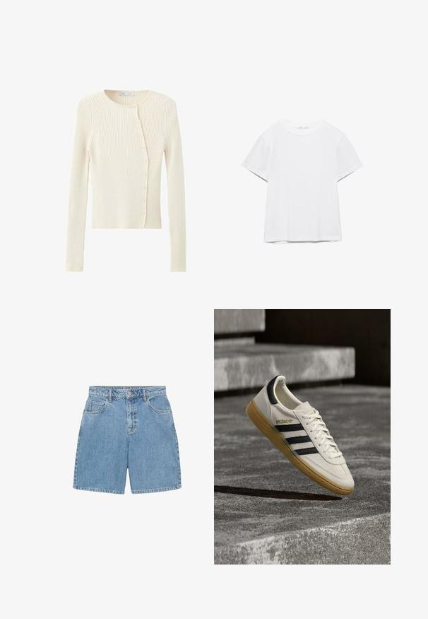 Roomkleurige geribde lange mouwen cardigan met kleine ronde knopen die diagonaal aan de voorkant zijn gerangschikt.; Effen wit T-shirt met korte mouwen en ronde hals, met een rechte zoom, gepresenteerd tegen een witte achtergrond.; Lichtblauwe denim shorts met een hoge taille, vier zakken en zichtbare stiksels. Gemaakt van gestructureerde denimstof.; Witte Adidas Spezial sneaker met zwarte strepen en gumzool, zwevend boven grijze stenen trappen buiten.