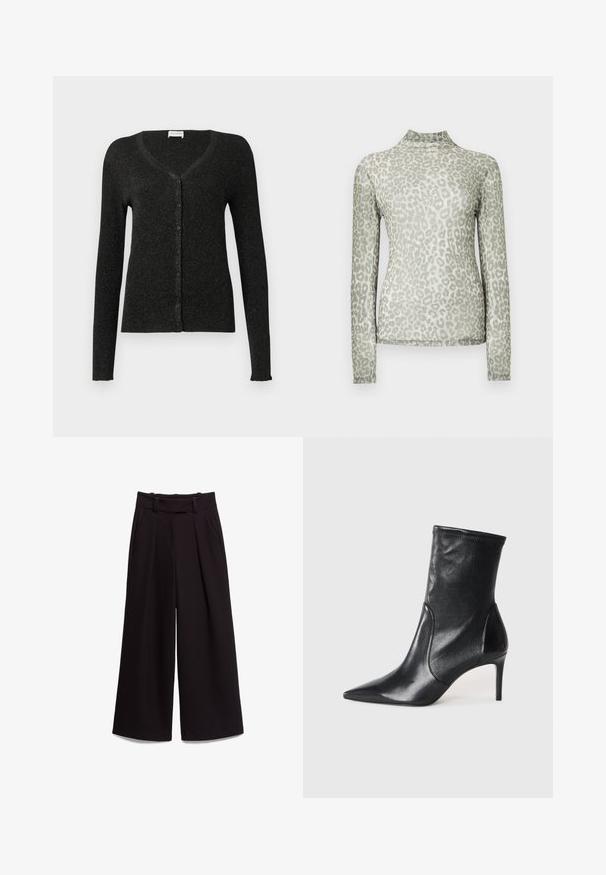 CLOSED CARDIGAN - Kardigan - black; Heleroheline võrgukangas pikkade varrukatega pluus, millel on leopardimustriline ja kõrge kaelusega disain. Sile tekstuur ja keha järgiv lõige.; Mustad laia säärega püksid kõrge vöökohtade, vööaasade, küljetaskute ja voltidega esiküljel, sirgelt valgel taustal laotatult.; Mustad mustajalatsid, mis on valmistatud siledast nahast, omavad teravat nina, kitsast varre ja peenikest kõrget kontsa. Minimalistlik disain, ilma nähtava riistvaraeta.