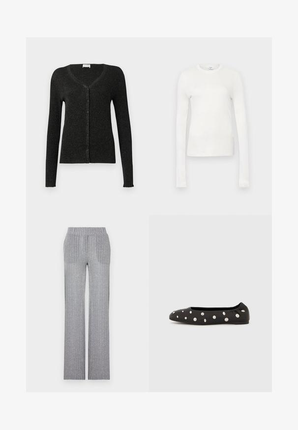 CLOSED CARDIGAN - Chaqueta de punto - black; Camiseta blanca de manga larga hecha de algodón suave. Presenta un escote redondo, silueta ajustada y textura suave. Sin patrones ni acentos.; Pantalones de punto gris con textura acanalada, cintura ajustada y pierna acampanada. Presentan un brillo sutil y rayas verticales para dar textura.; Zapato plano de ballet negro con parte trasera elástica y grandes tachuelas redondas plateadas dispersas en el lado superior, mostrado de perfil sobre fondo blanco.