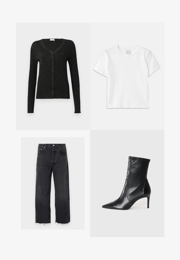 CLOSED CARDIGAN - Kardigán - black; Biely bavlnený tričko s okrúhlym výstrihom, krátkymi rukávmi a rovnými lemami. Na strednej časti výstrihu je na štítku nápis "Won Hundred".; Čierne džínsy s vysokým pásom, širokými nohavicami, neupraveným lemom, predným gombíkom, zipsom a dizajnom s piatimi vreckami.; Čierne kotníkové topánky vyrobené z hladkej kože, s špicatou špičkou, priliehavým zvrškom aúzkym vysokým podpätkom. Minimalistický dizajn bez viditeľného kovania.