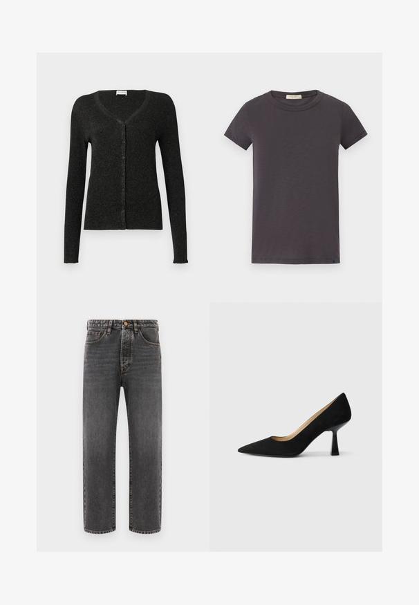 CLOSED CARDIGAN - Vest - black; rag & bone T-shirt basic - greystone; Donkergrijze jeans van denim, met een rechte pijp, vijf zakken en zichtbare stiksels. Knopenfly sluiting bij de taille.; Zwarte suède high-heeled pump met een spitse neus, voorzien van een glanzende zwarte blokhak en een gladde binnenvoering.