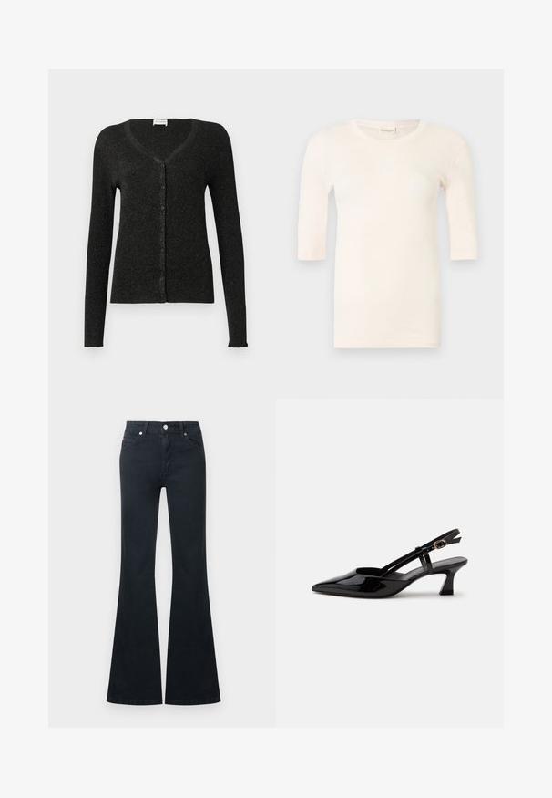 CLOSED CARDIGAN - Gilet - black; Haut en maille rose clair à manches courtes avec encolure ronde et silhouette ajustée, présenté sur un fond clair uni.; Jean en denim noir évasé avec une taille haute, cinq poches et une fermeture à bouton métallique. Texture lisse et détails de couture contrastés.; Chaussure slingback en cuir verni noir à petit talon, bout pointu et bride réglable avec boucle dorée sur fond blanc.