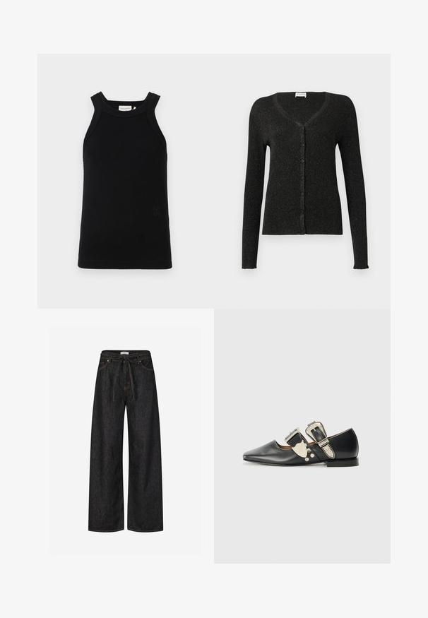 CLOSED CARDIGAN - Kardigán - black; Čierny rebrový top bez rukávov s širokými ramienkami, s okrúhlym výstrihom a malým embosovaným logom na spodku.; Tmavomodré široké nohavice z džínsoviny s vysokým pásom, opaskom na zaväzovanie a kontrastným oranžovým prešívaním. Majú klasický dizajn s piatimi vreckami.; Čierna kožená plochá obuv s špicatou špičkou, so striebornými sponami a dekoratívnymi nitmi. Má nízky podpätok a hladký povrch.