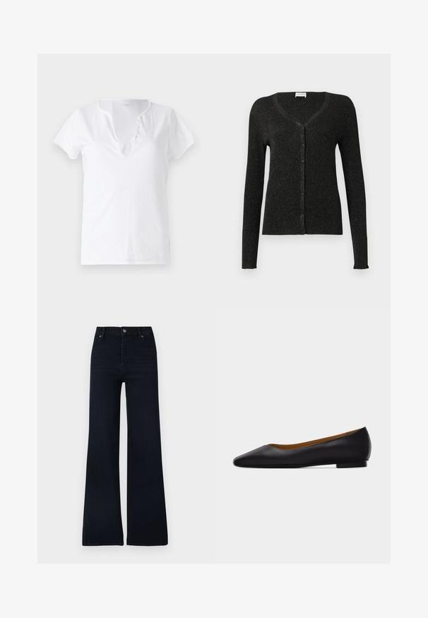 CLOSED CARDIGAN - Gilet - black; T-shirt en coton blanc à manches courtes, coupe décontractée et décolleté en V, avec un plastron orné de cinq boutons décoratifs.; Jean évasé bleu foncé en denim. Doté d'une fermeture par bouton, de cinq poches, et d'un design épuré avec peu de variations de texture.; Chaussure plate en cuir noir à bout pointu avec talon bas et finition lisse, vue de côté sur un fond gris clair.