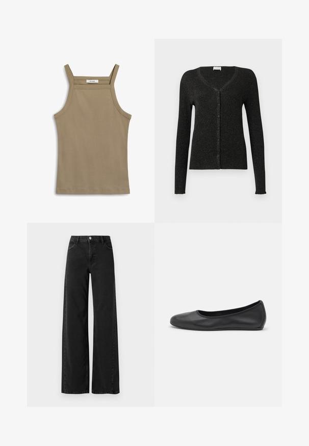 CLOSED CARDIGAN - Cardigan - black; Khaki tank top med tynde straps, ribbet tekstur og en lige kant. Mærket læser "IVY OAK" ved halsudskæringen.; Bredde ben sorte denimjeans med høj talje, der har klassisk fem-lomme design og knaplukning. Glat tekstur og diskrete syninger.; Sort læderballetsko med rund tå, glat tekstur, minimal syning og et fleksibelt såldesign.