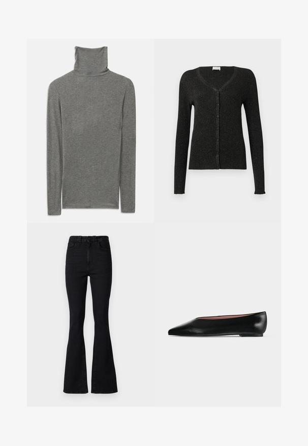 CLOSED CARDIGAN - Vest - black; Grijze langemouwen turtleneck shirt gemaakt van een zachte, gestructureerde stof. Heeft een hoge halsontwerp en een aansluitende pasvorm.; Zwarte flared jeans met een hoge taille, gemaakt van denim. Kenmerken zijn een knoopsluiting, een vijf-pocket ontwerp en een gladde textuur.; Zwarte leren damesschoen met platte zool, puntige neus en lage hak, zijwaarts afgebeeld tegen een effen lichtgrijze achtergrond.