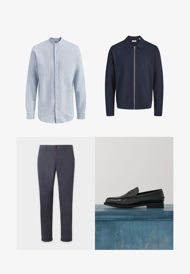 Veste zippée à manches longues bleu marine avec col, design uni et fermeture éclair argentée au centre devant.; Chemise pour homme à manches longues bleu clair avec col mandarin et boutons blancs sur le devant, présentant une texture subtile.; Pantalon homme slim fit gris foncé avec passants de ceinture, bouton devant, fermeture éclair, poches et revers retroussés.; Mocassins noirs en cuir avec un design élégant, comportant un bout cousu et une finition lisse. La chaussure possède un talon bas et un minimum de détails.