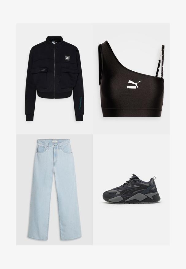 Veste courte zippée noire en tissu doux, dotée de deux poches avant, d'un patch logo Puma et d'un texte turquoise sur la manche.; Soutien-gorge de sport noir avec une bretelle, arborant un logo Puma blanc. Tissu lisse et extensible avec un design élégant et des détails de bretelle contrastés.; Jean large en denim bleu clair à taille haute, avec une fermeture à bouton et zip, deux poches avant et des détails de couture subtils.; Baskets de sport noires avec une tige en mesh et textile avec des accents gris, une semelle épaisse et des lignes de design distinctives.